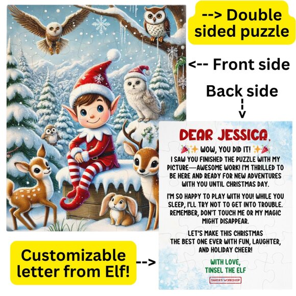 Personalized Elf Letter Double-Sided Jigsaw Puzzle for Kids - Picture 1 of 8